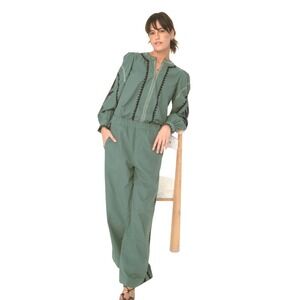 SONMER NWT SZ Medium Embroidered Green Cotton Wide Leg pants Boho Festival